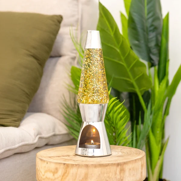 (29cm) T-LIGHT Lava Lampe Kerzen Tischlampe Glitzer Deko Stimmungsleuchte inkl. Teelichter (FI0791) - Gold