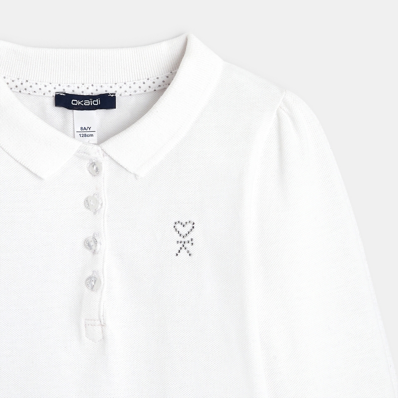 Polo uni manches longues blanc fille