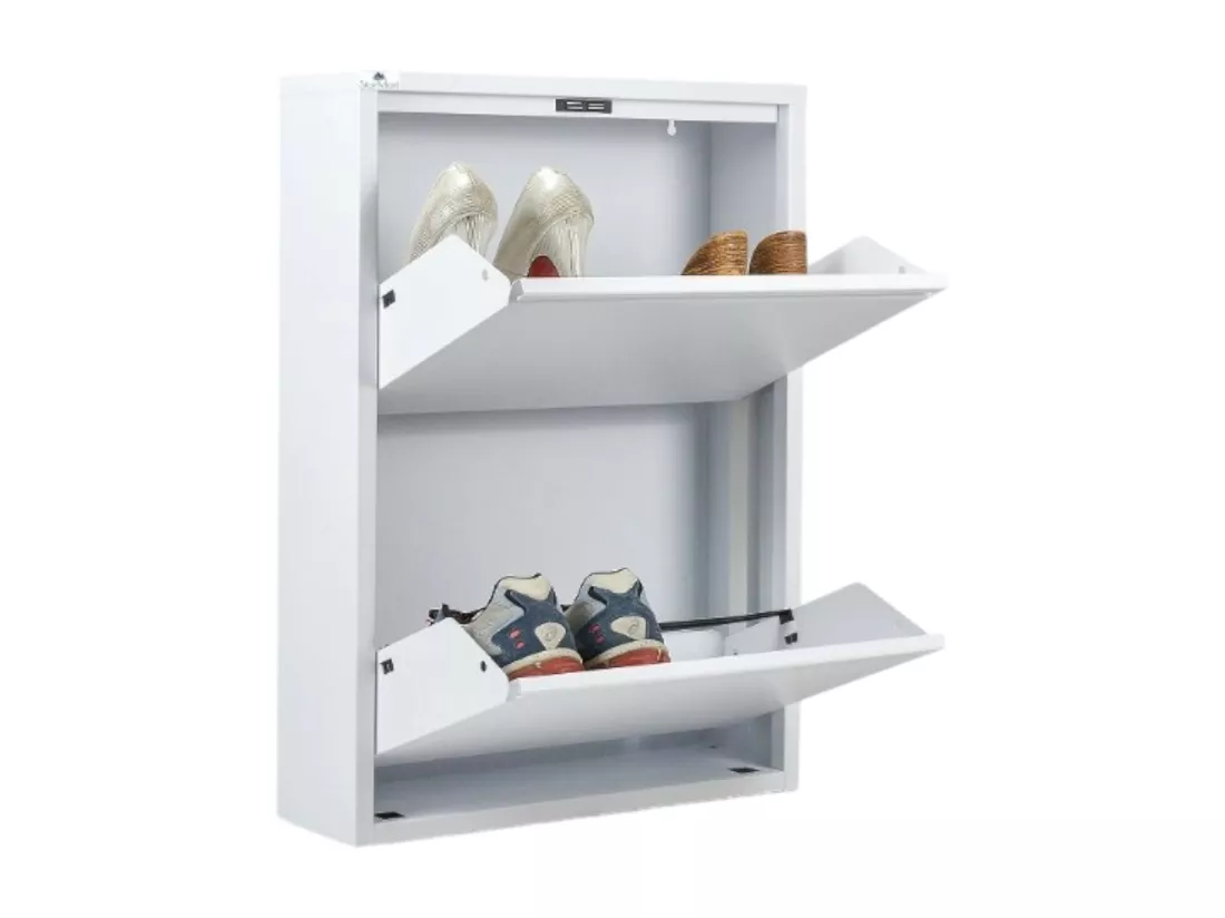 Meuble à chaussures Ezequiel, Meuble à chaussures en métal, Armoire d'entrée polyvalente, Rangement pour chaussures, 50x15h71 cm, Blanc
