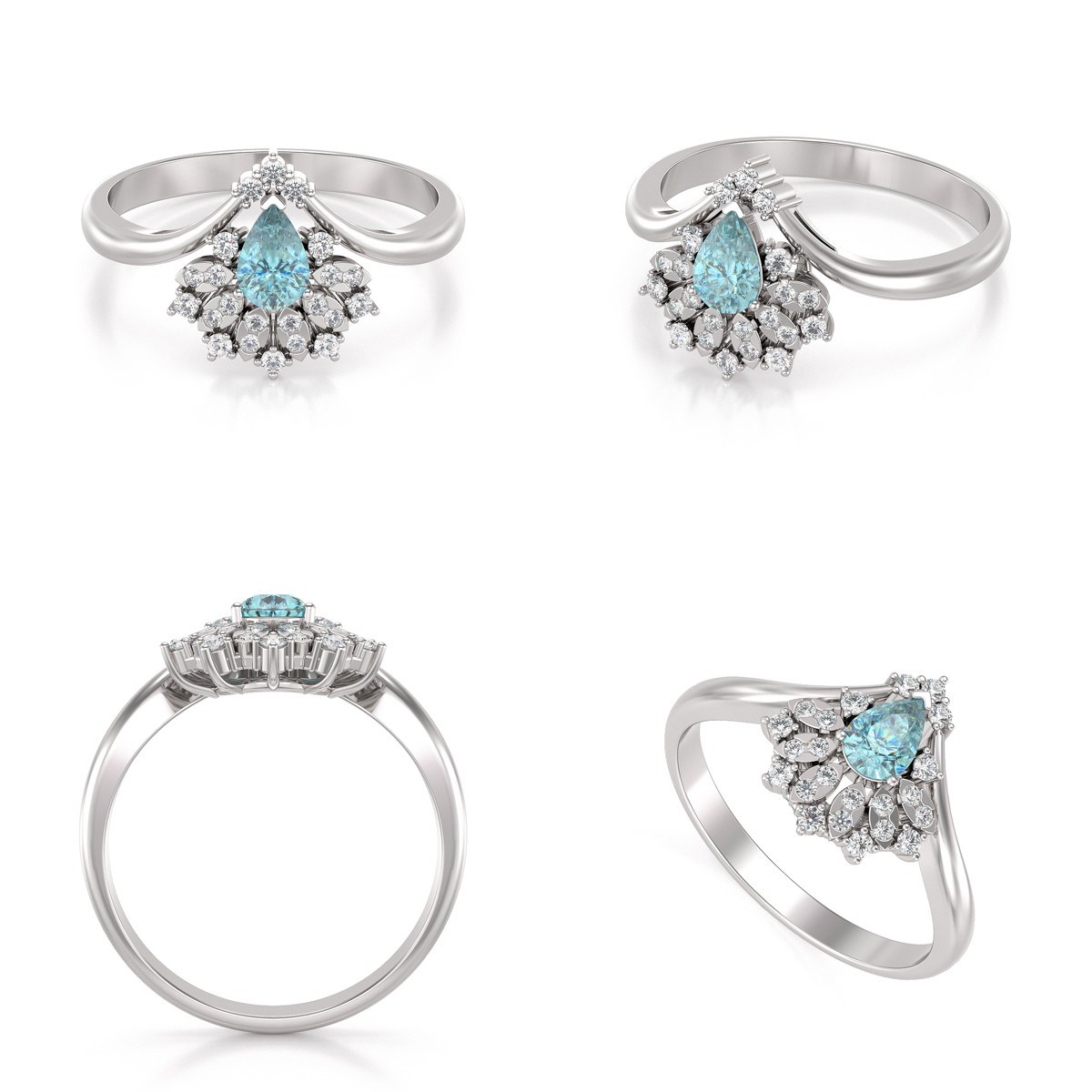 Bague ADEN Or 585 Blanc Aigue-Marine et diamants 3.6grs