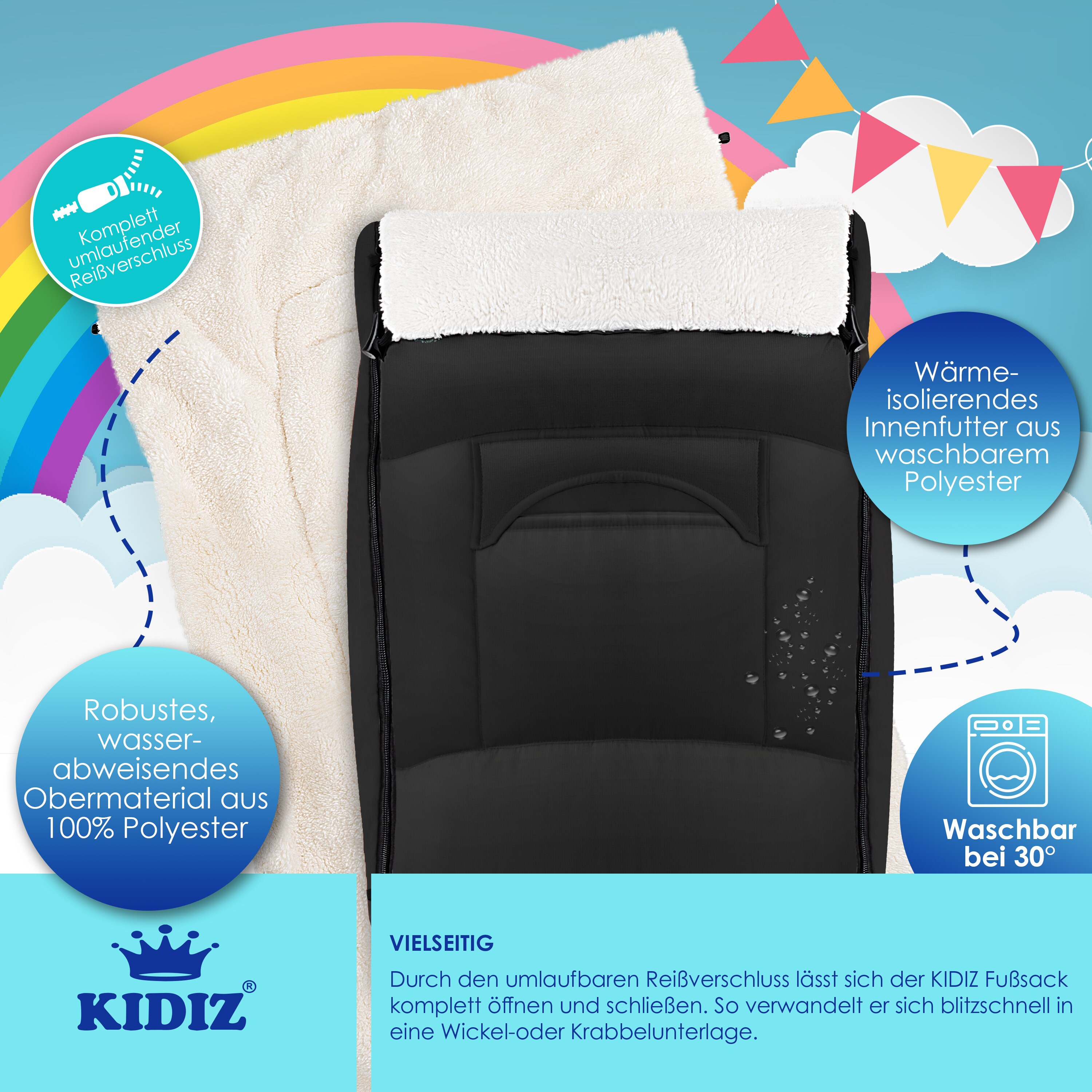 KIDIZ® Babyfußsack Baby Fußsack Winterfußsack Babyschale mit Reißverschluss Kuschelsack Babydecke Kinderwagen waschbar verschließbarer Kopfteil ,Tasche, passend für alle Kinderwagen