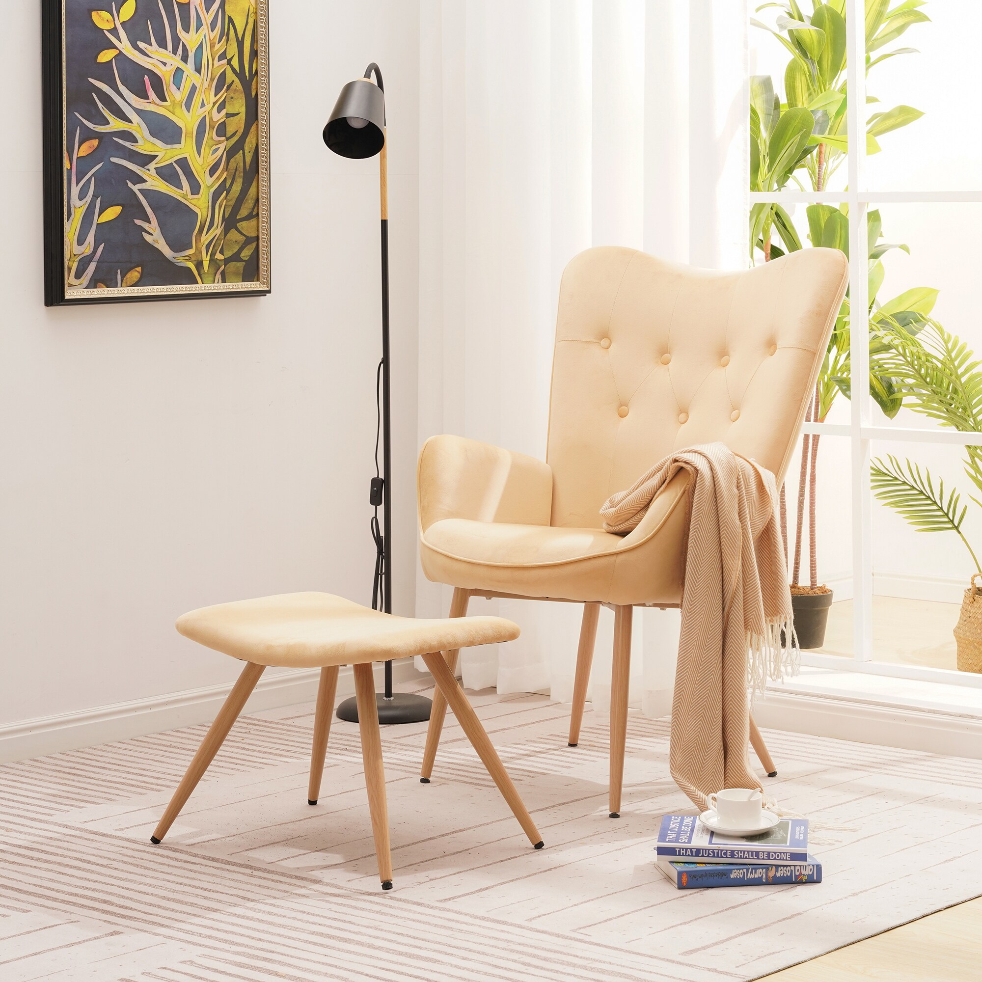 Albatros Ohrensessel mit Hocker YORK, Samt Bezug, bequem gepolstert, Fernsehsessel, Polstersessel, Farbe Ohrensessel:Beige