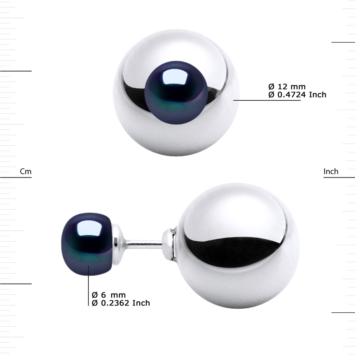 Boucles d'Oreilles RECTO VERSO Perles d'Eau Douce Noires 6-7 mm Argent 925