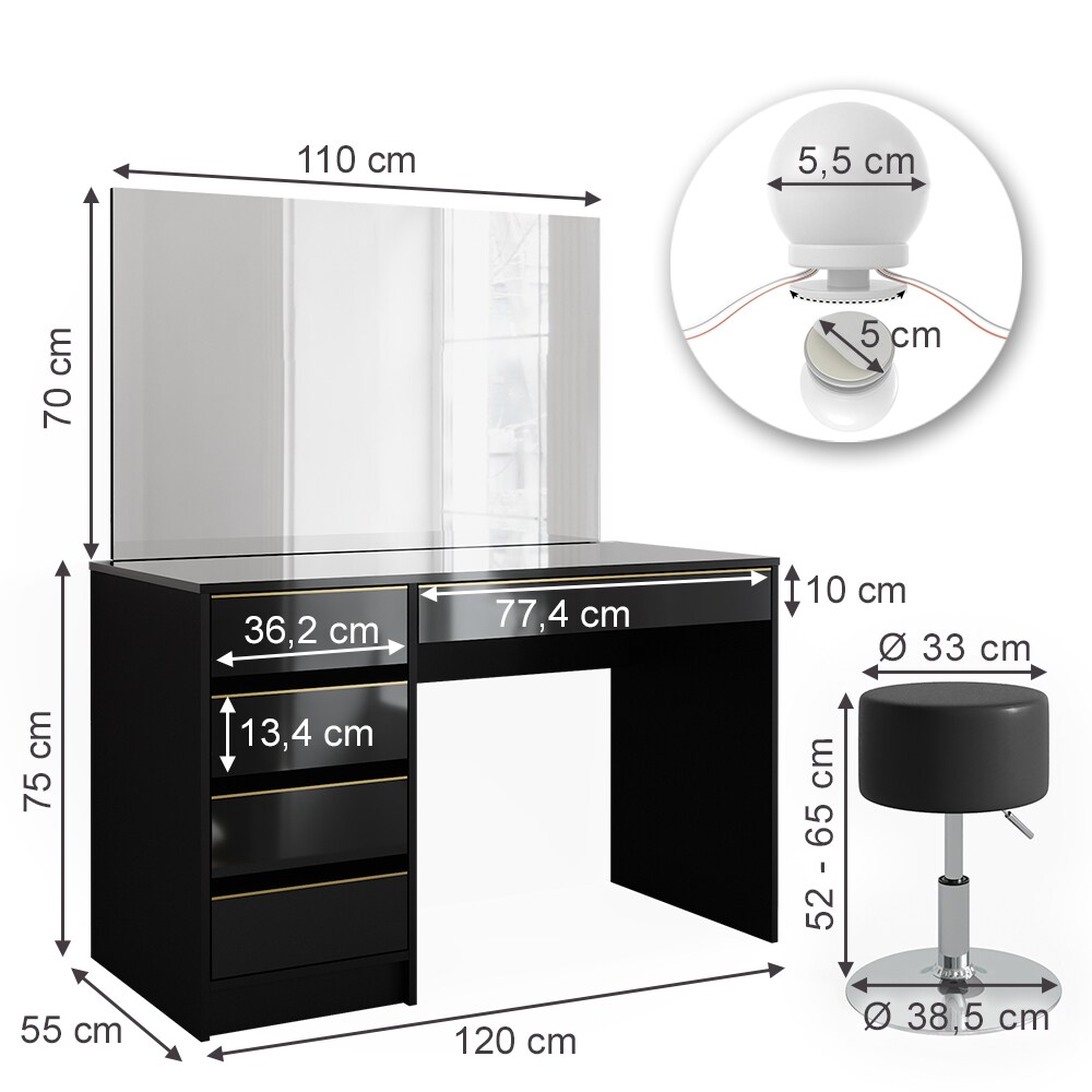 Vicco Schminktisch Sherry Schwarz Hochglanz Gold 120 x 75 cm 5 Schubladen Spiegel Hocker LED
