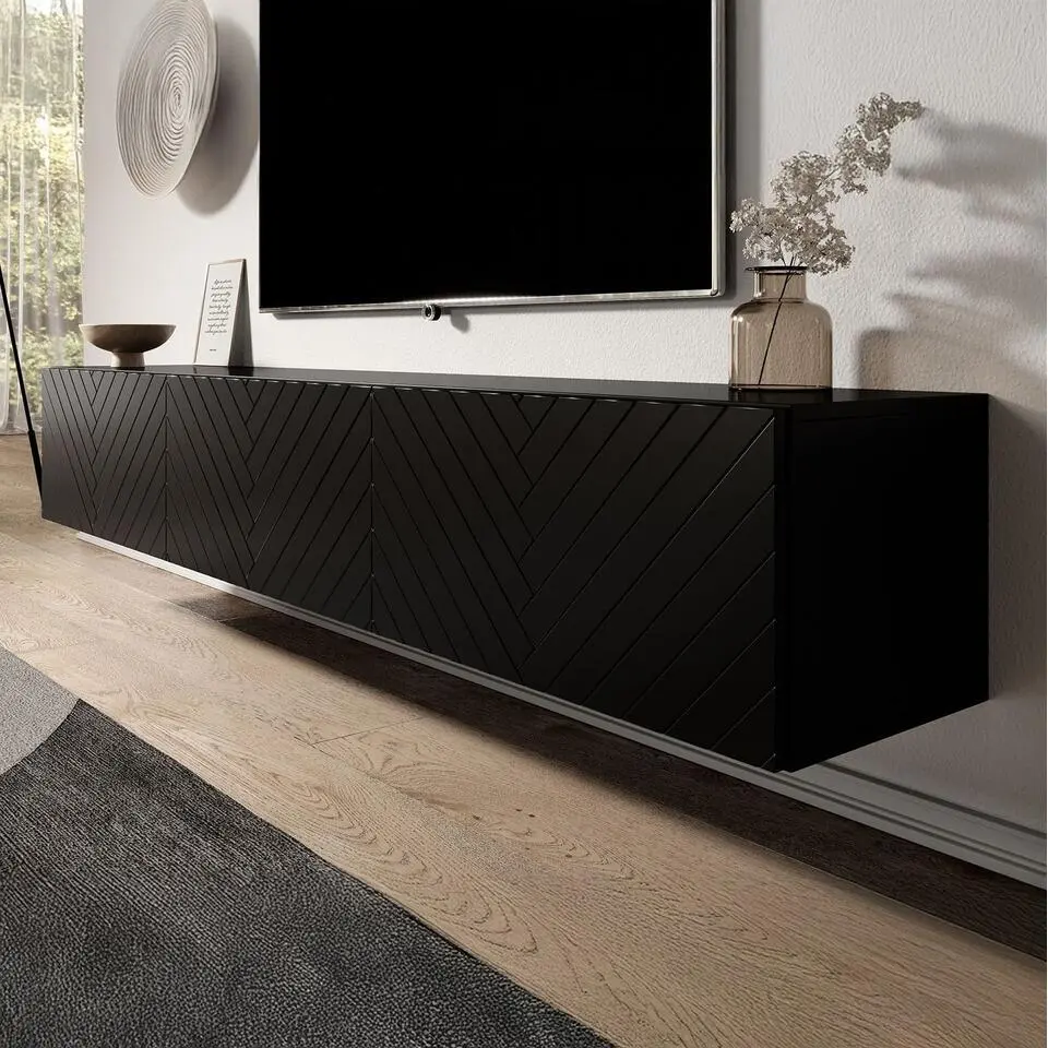 Meubella - TV-Meubel Bonzo - Zwart - Visgraat - 180 cm