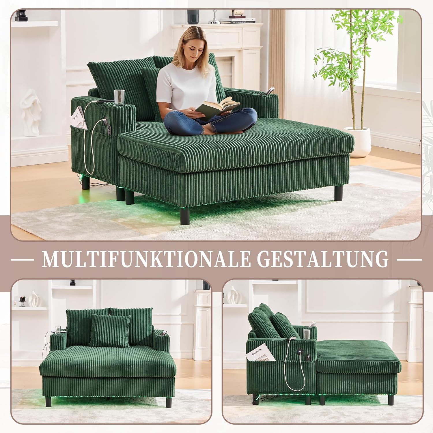 Chaiselongue Schlafsofa 2-Sitzer, Sofa mit LED & USB-C-Port & 2 Kissen & Getränkehaltern, Bettsofa, Für Wohnzimmer & Schlafzimmer, Emerald