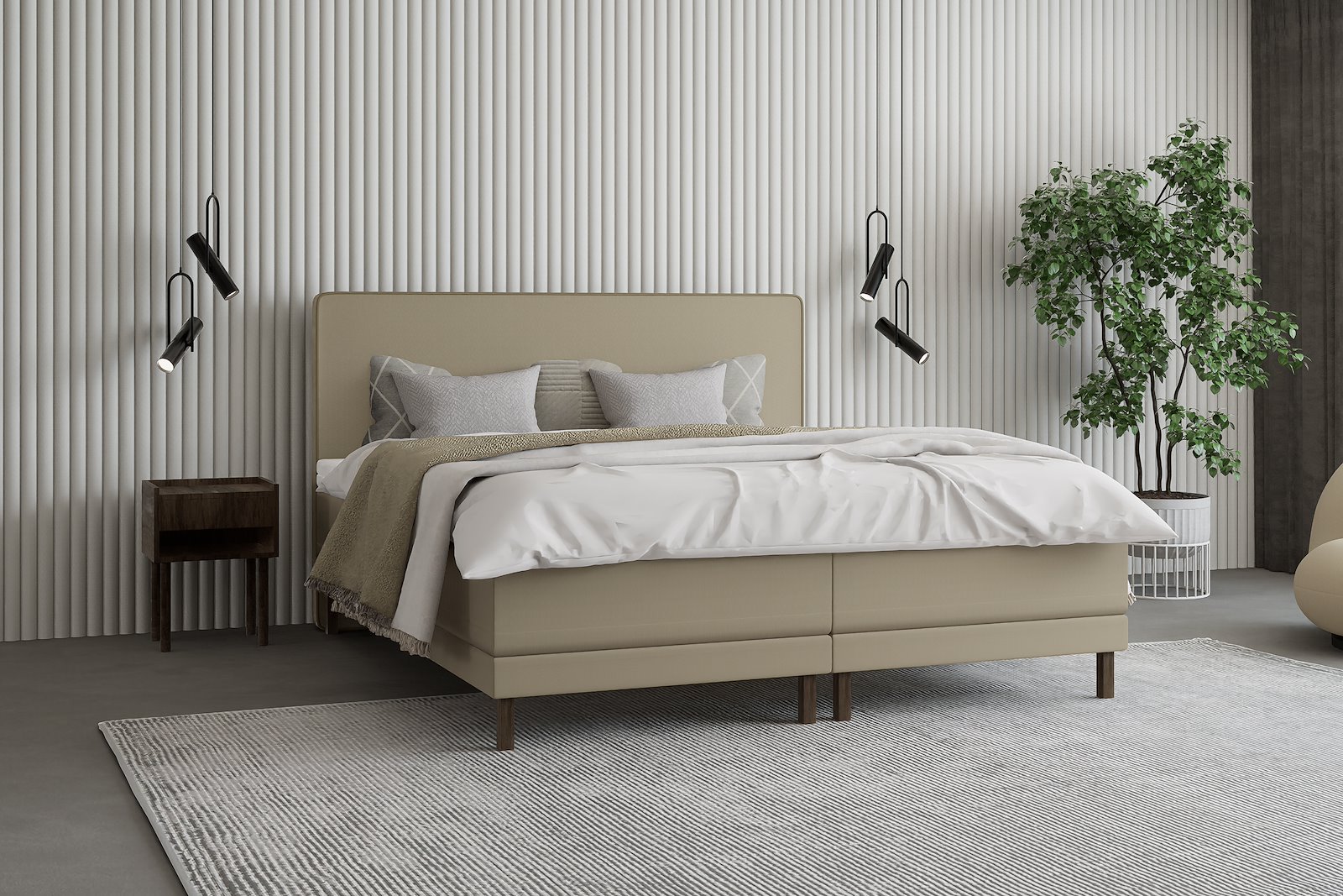 Premium 14 regulerbar seng 180x210 cm Tekstil Storm 09 mørk beige, medium/medium, Premium 14 overmadrass med røkfarget 15 cm ben, gavl selges separate.