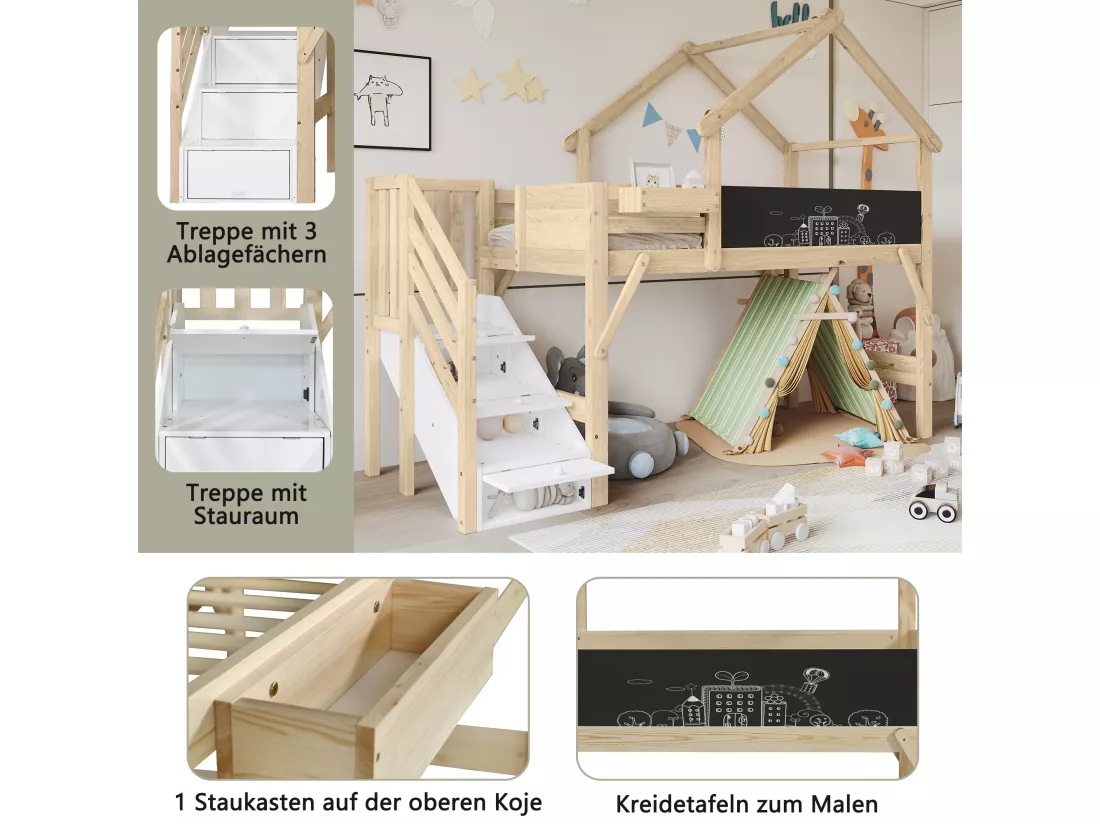 Lit mezzanine enfant - 90 x 200 cm - avec 3 rangements dans l'escalier - pin+MDF - blanc