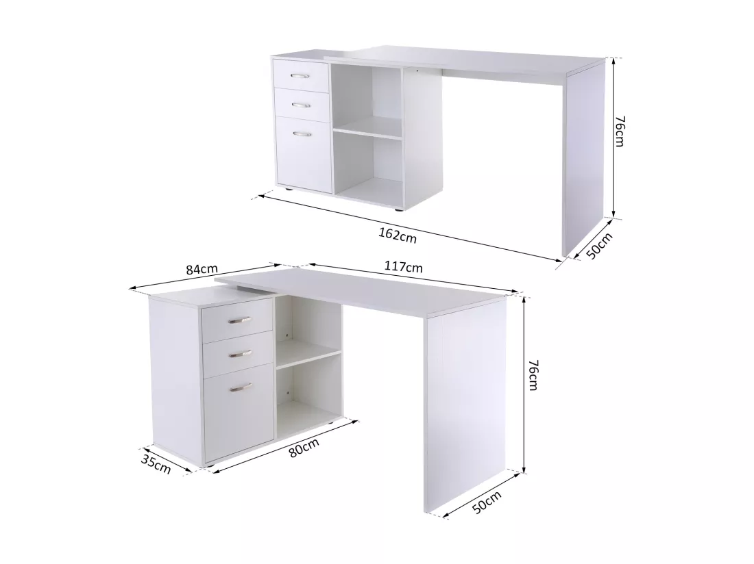Bureau d'angle bureau droit modulable 2 en 1 bureau informatique tiroirs x 3 + 2 niches MDF blanc