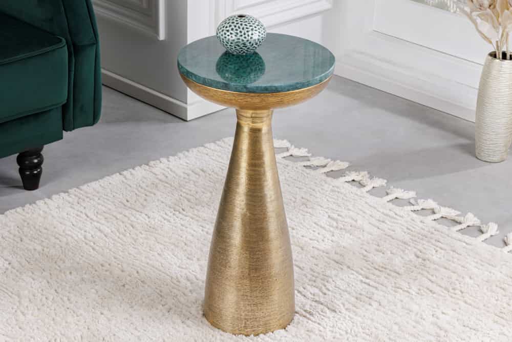 Handgearbeiteter Beistelltisch ELEMENTS 55cm gold grün Marmor rund