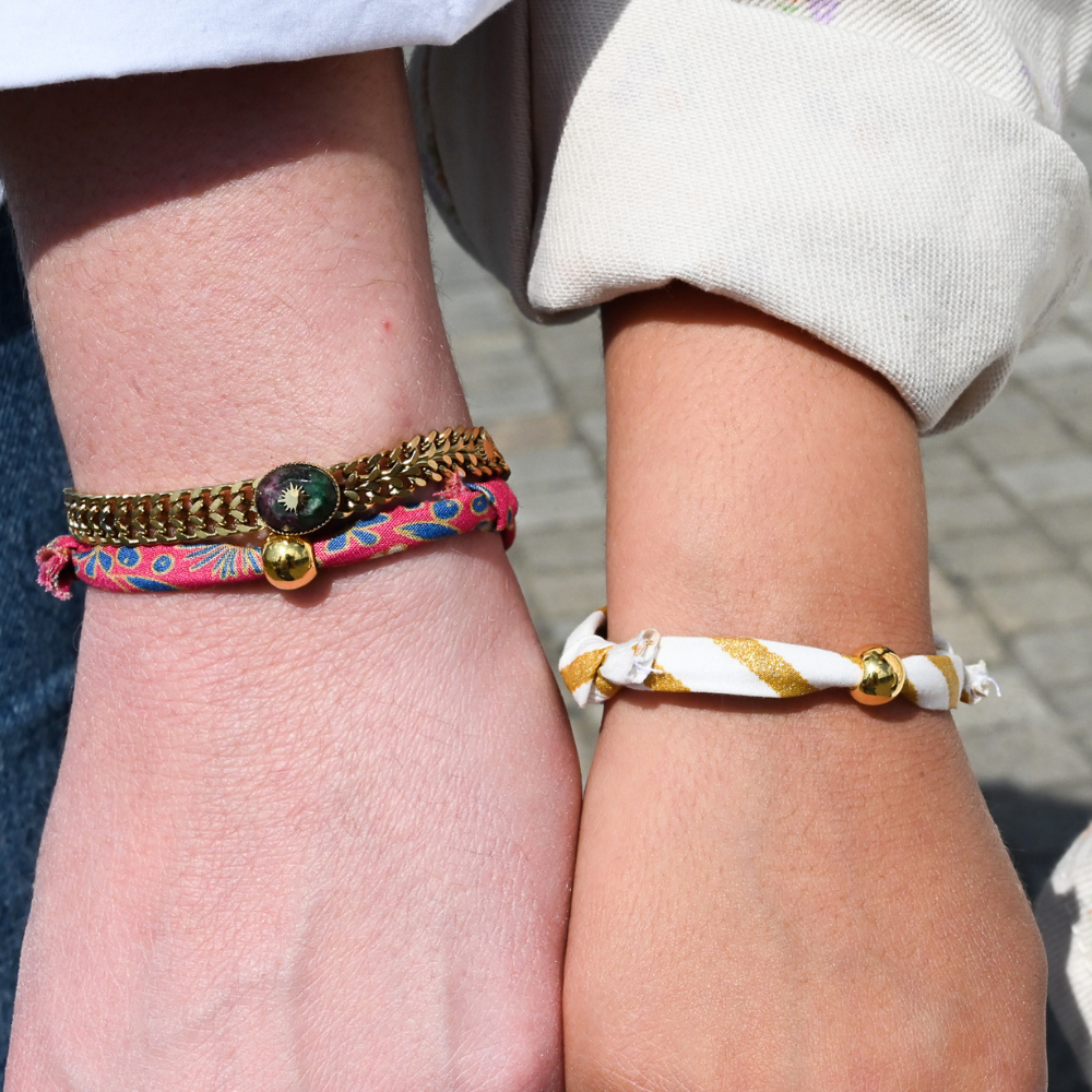 Bracelet Tissu Lisa 7Mm Rayé Or Blanc