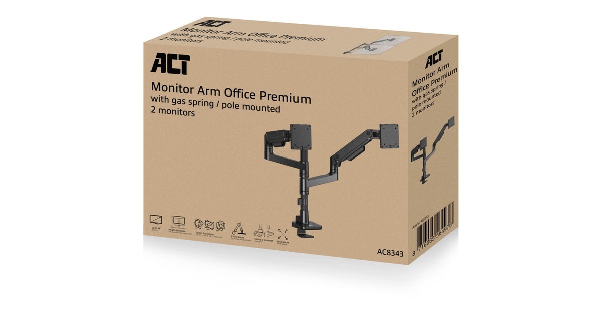 ACT ConnectivityMonitorarm office premium, gasveer, paalbevestiging, 2 monitoren  (Zwart)