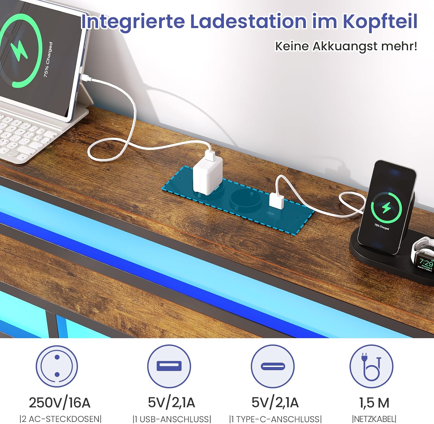 Bett 90x200 mit Lattenrost aus Metall, Einzelbett Bettgestell 90x200cm mit LED Beleuchtung und Ladestation (2 AC-Steckdosen, 1 USB-Anschluss und 1 Type-C-Anschluss) Metallbett mit Kopfteil MD1339156