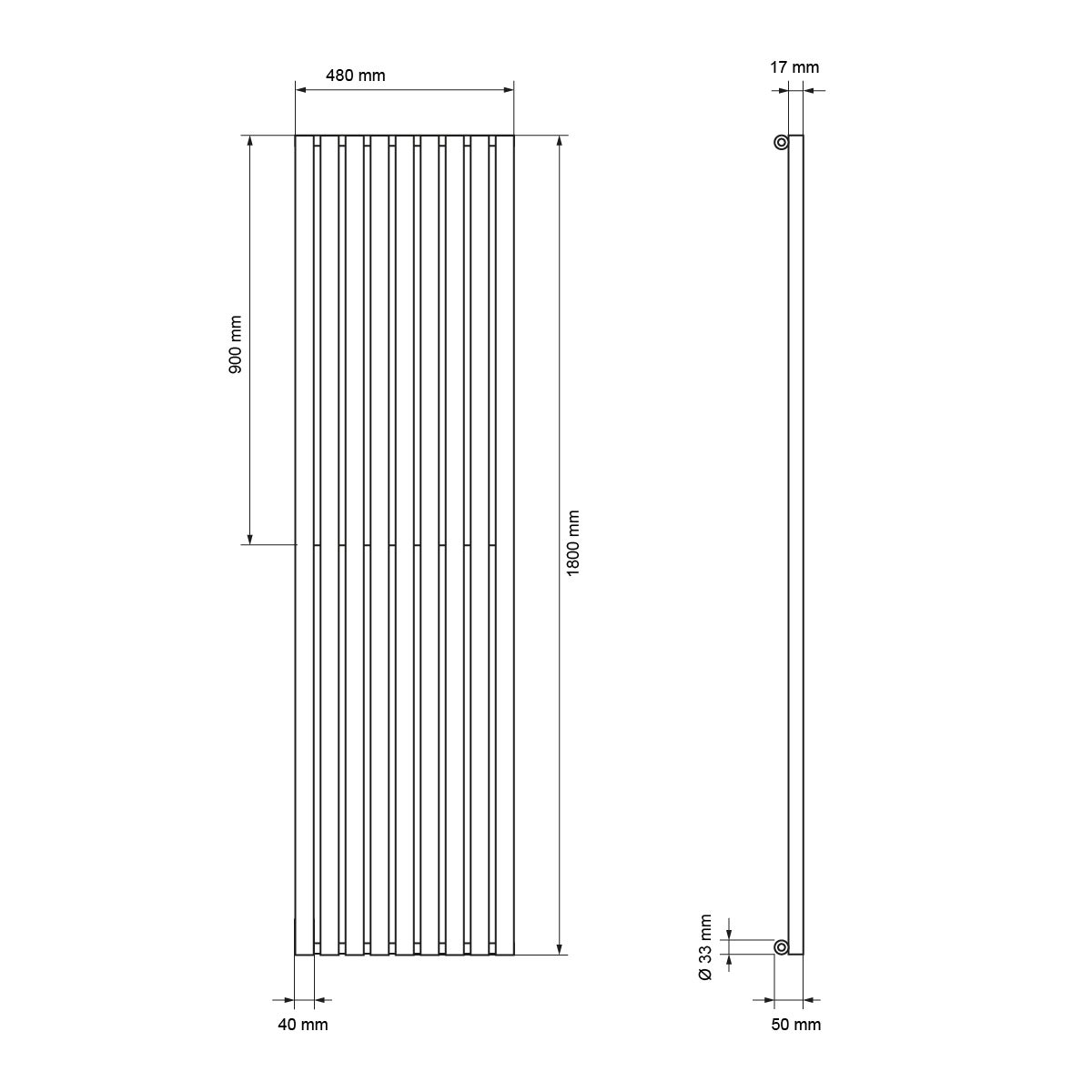 ECD Germany Stella Design Paneelradiator, Middenaansluiting, 480x1800 mm, Wit, met Aansluitset, Thermostaat, Universeel, Hoek- en Doorloopvorm, Vlak, Enkellaags, Verticale Radiator, Badkamerradiator, Verwarming