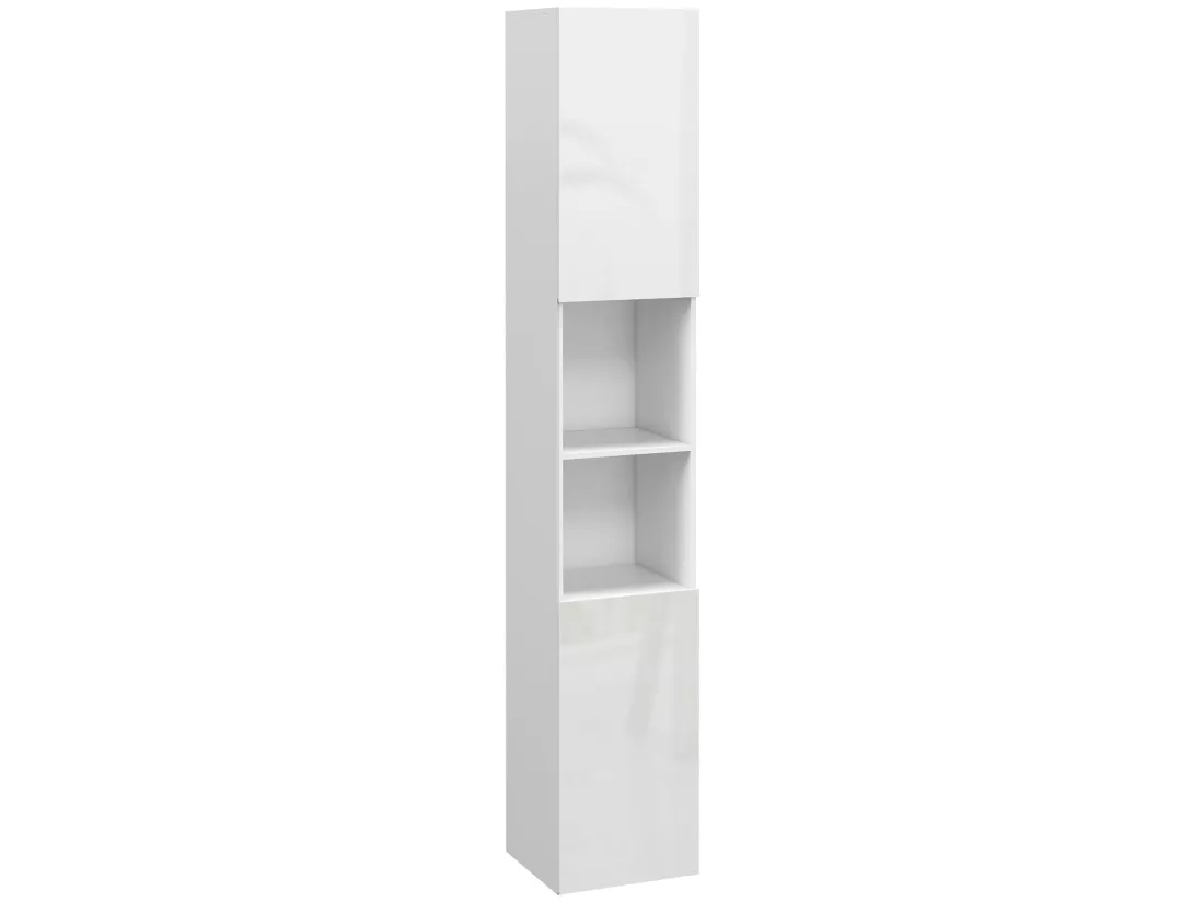 Meuble colonne rangement salle de bain style contemporain façade laquée 2 portes étagères 2 niches blanc