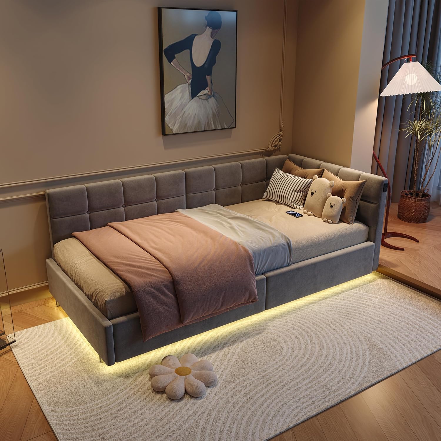 Polsterbett Schlafsofa 90 x 200 cm mit LED und USB, Jugendbett Multifunktionsbett mit Hydraulischer Stauraum und Bettkasten, Schlafsofa Einzelbett Sofa-Bett mit Lattenrost, Daybett Tagesbett (Grau)