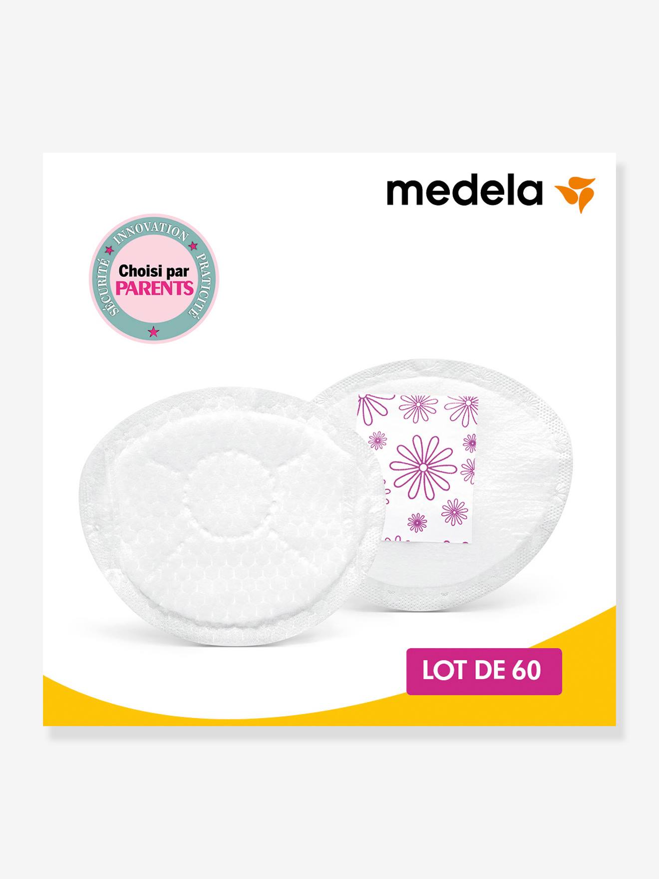 Caixa com 60 absorventes descartáveis para amamentação MEDELA Safe & Dry Ultra Thin, tamanho médio, brancos.