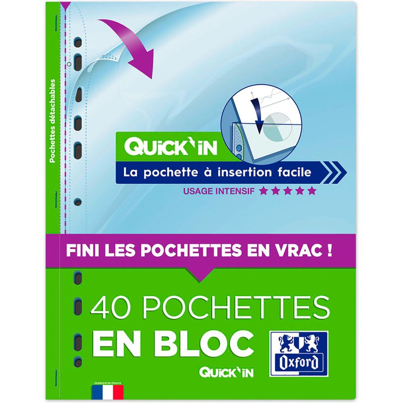 Pochettes perforées Quick'in OXFORD A4 polypropylène 9/100e - Bloc de 40