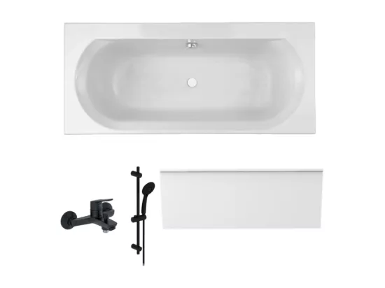 Pack baignoire droite 170 x 75 JACOB DELAFON Elise + tablier niche + pommeau et mitigeur bain noir mat Aimé + vidage