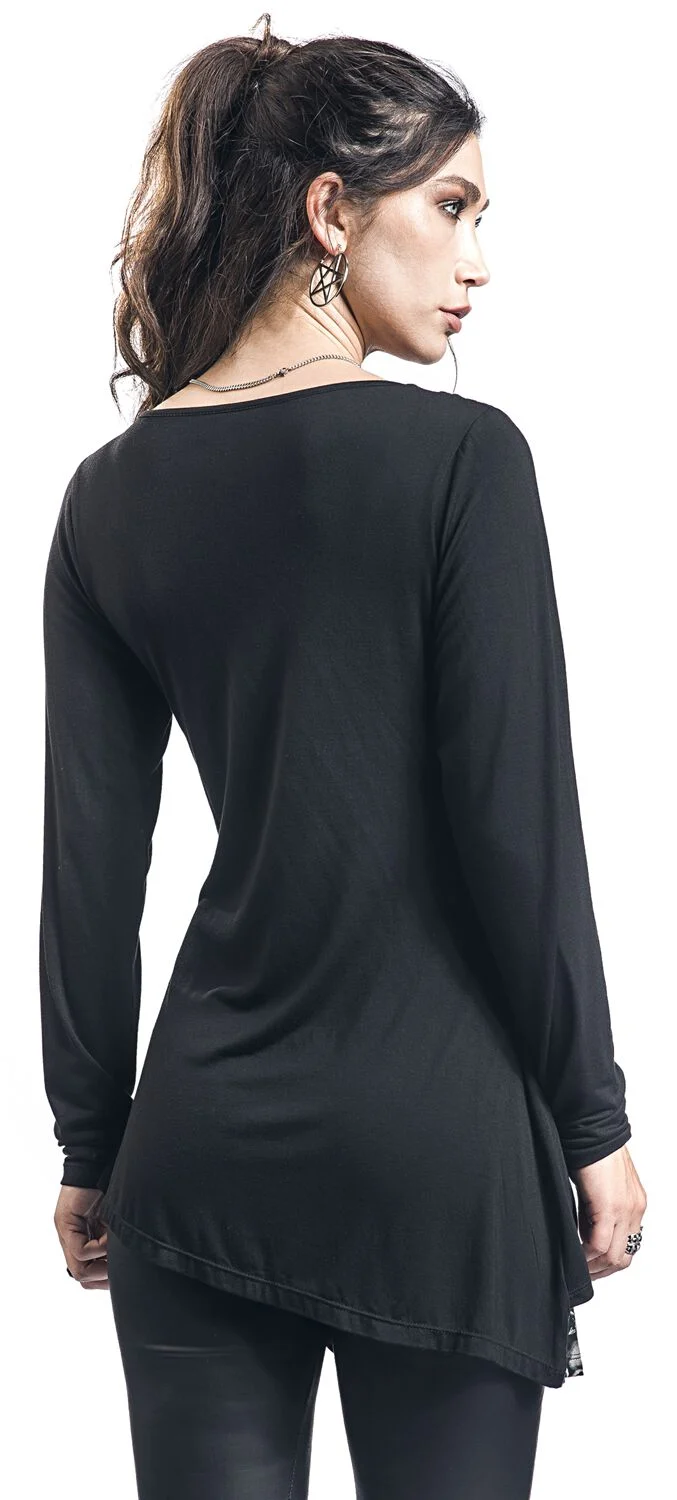 Haut Manches Longues Noir Avec Col Cascade & Imprimé | Black Premium by EMP T-shirt manches longues