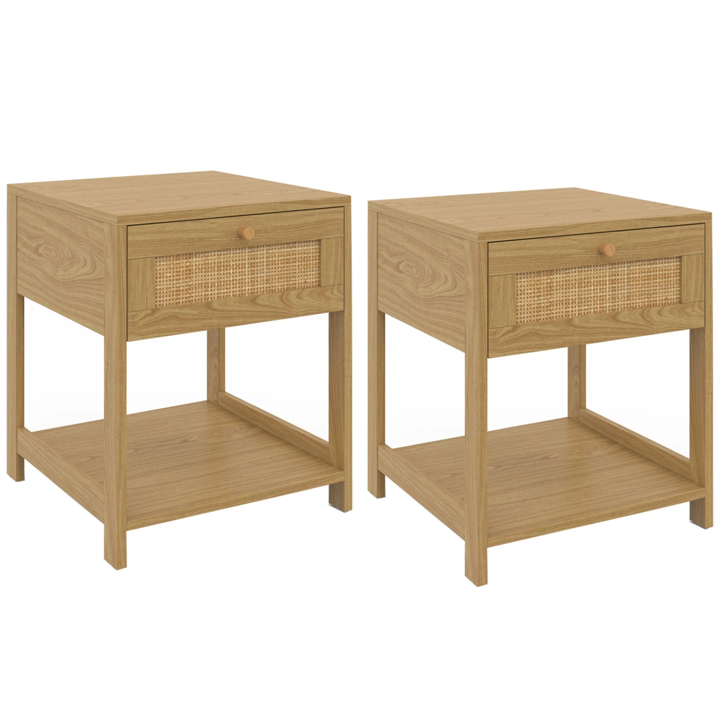 Lot de 2 tables de chevet HANAE vintage 1 tiroir avec tablette effet naturel cannage
