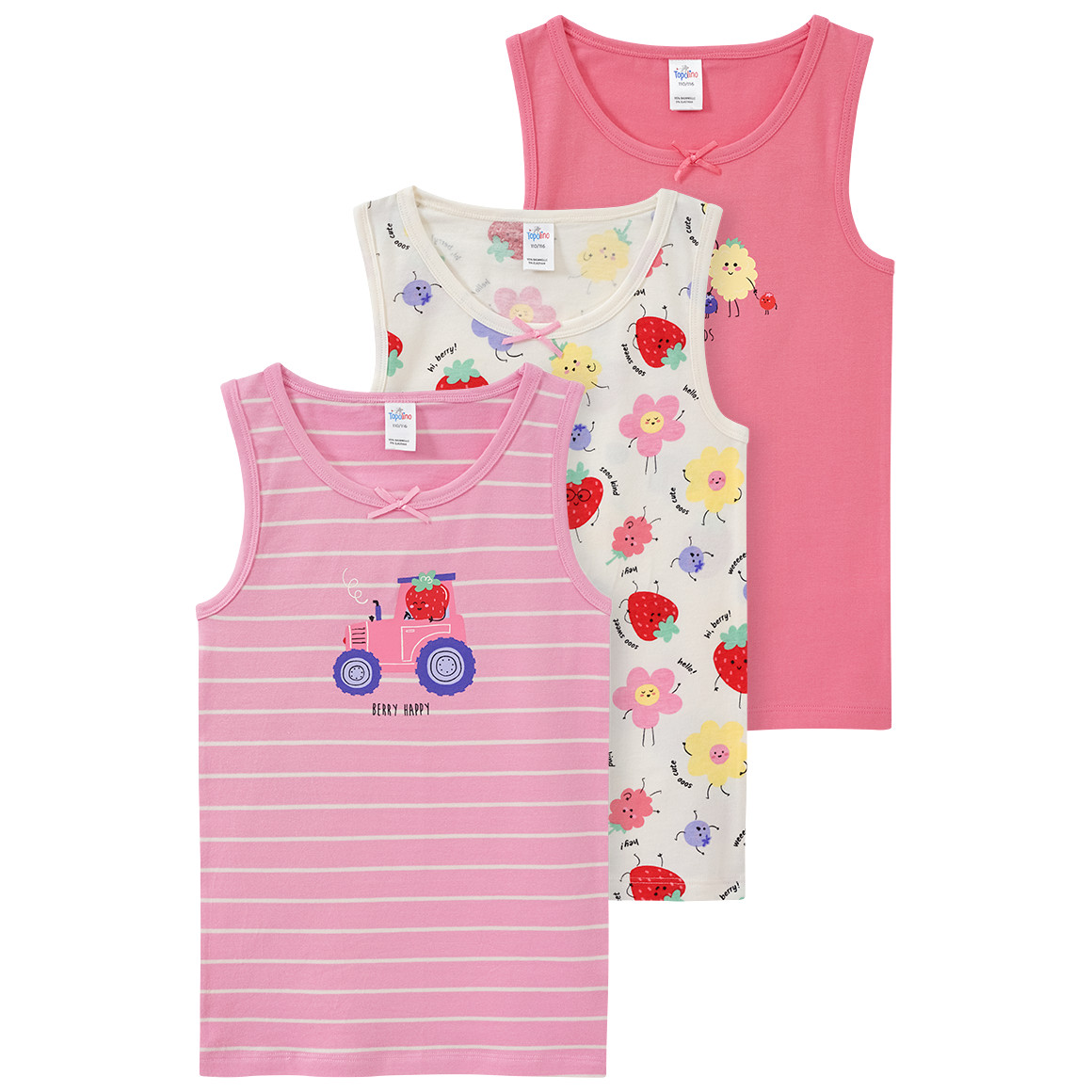 Topolino 3 Mädchen Unterhemden mit Bauernhof-Motiven rosa / creme / pink