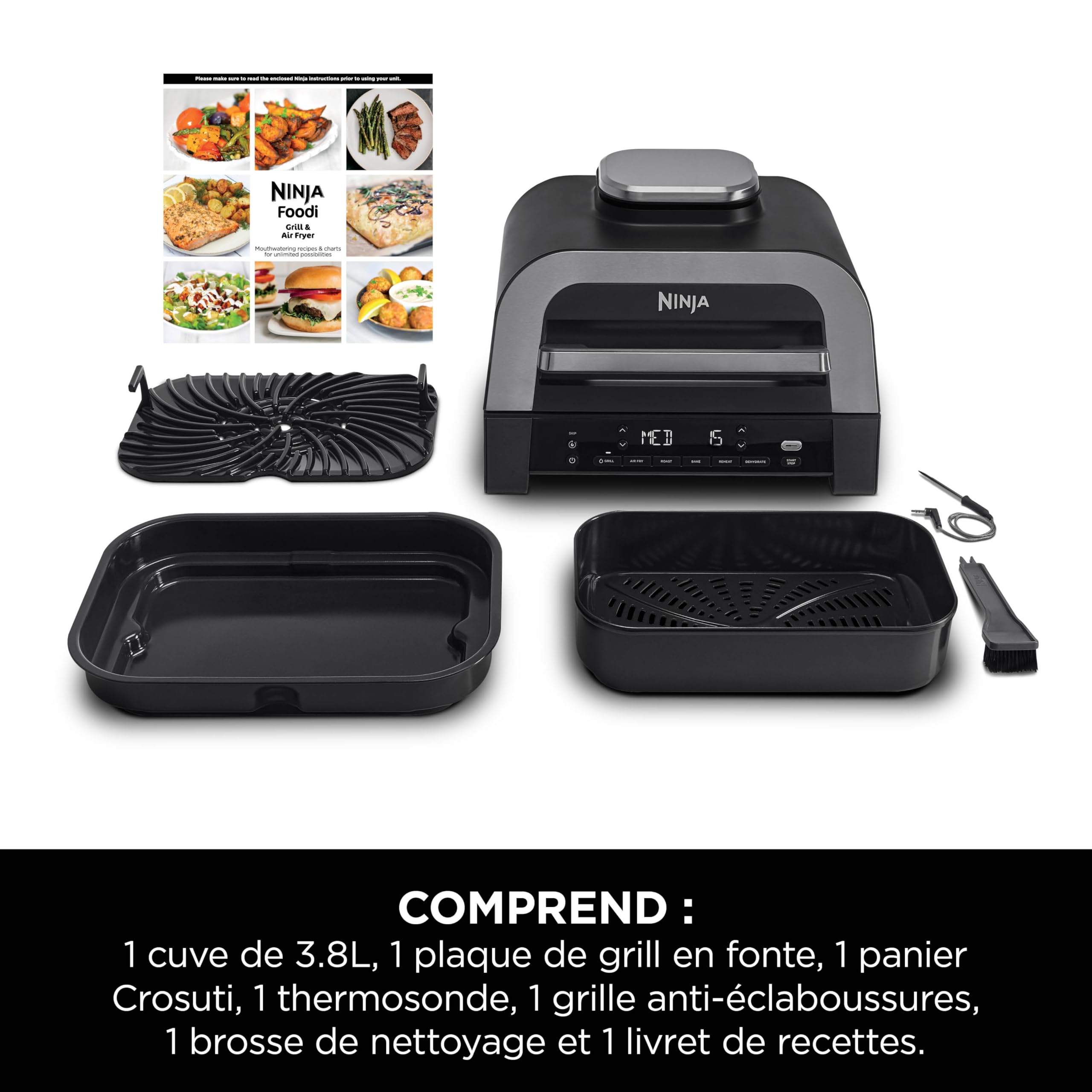 Ninja MAX 6-en-1 Grill d’intérieur et friteuse sans huile, 6 modes, cuit jusqu’à 6 hamburgers, capacité 3,8 l, faible dégagement de fumée, thermomètre