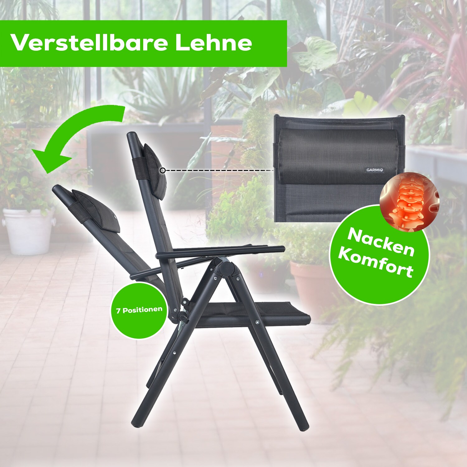 GARMIO® Gartenstuhl Balkonstuhl FLORENZ schwarz, 7-fach verstellbar, klappbar, inkl. Nackenkissen, für Terrasse