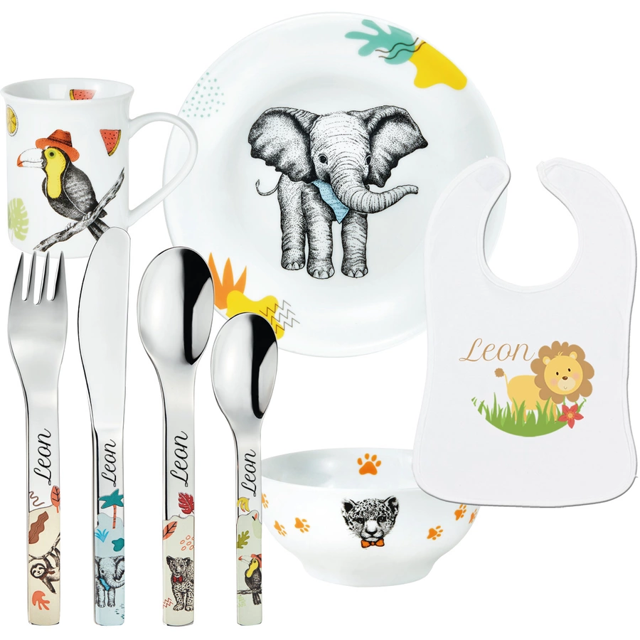 Schnullireich Geschenkset mit Namen Natura: Puresigns Kinderbesteck + Geschirr + Lätzchen Silber