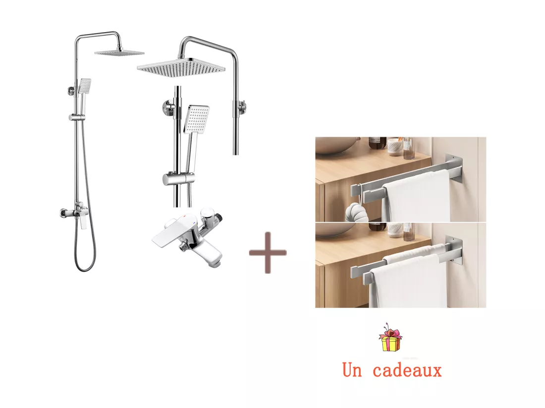 AURALUM MAX Colonne de Douche Mécanique,Hauteur Réglable 90-1240mm Set de Douche en Laiton Chromé+Porte Serviette Salle Bain Adhésif/Perçage,Brossé