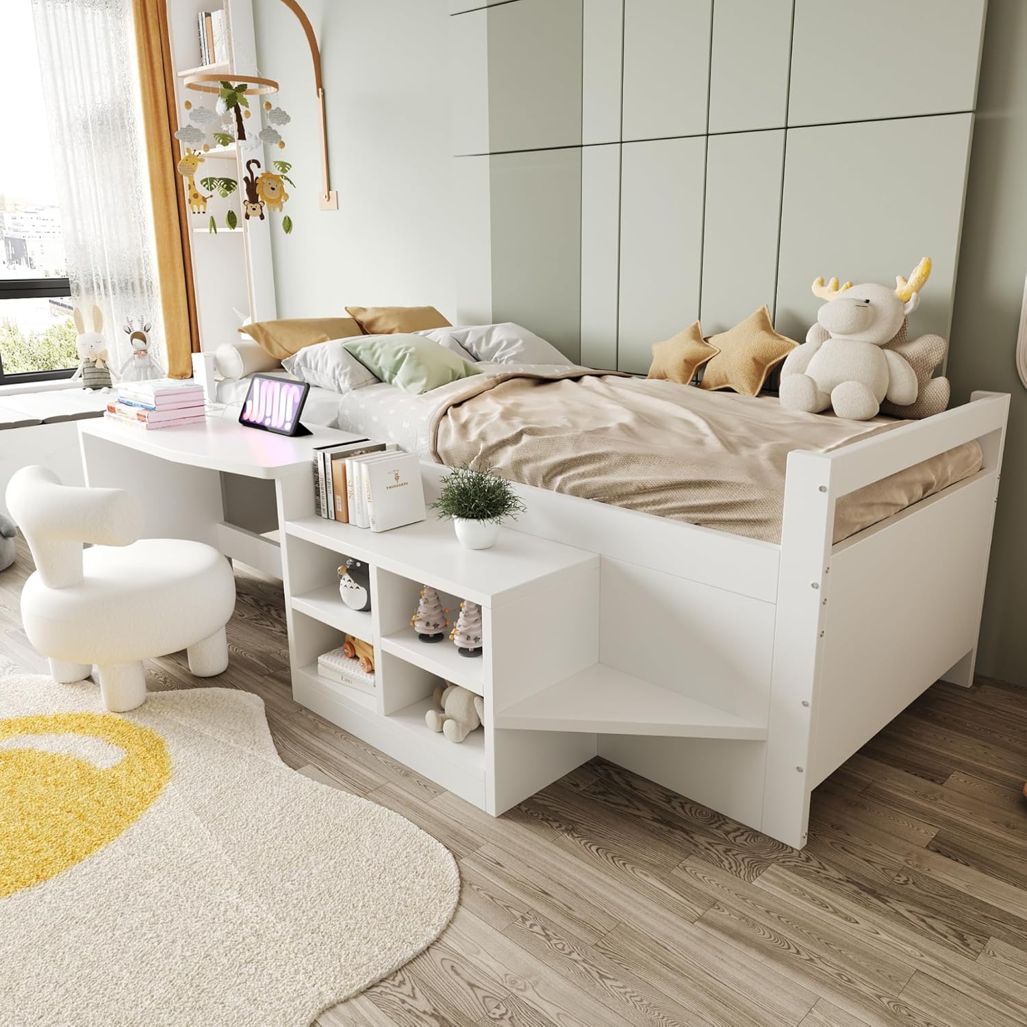 Kinderbett 90x200 mit Steckdosen & USB-Ladefunktion, Einzelbett mit Schreibtisch & Stauschrank & Treppe, Stauraumbett Holzbett Funktionsbett Jugendbett Bettgestell mit Lattenrost, Weiß, ohne Matratze