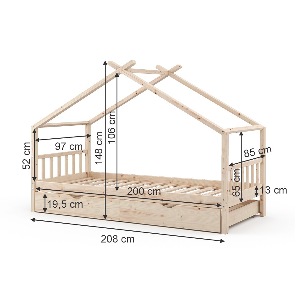 VITALISPA Kinderbett DESIGN Hausbett Gästebett Lattenrost Natur 90x200 Schublade