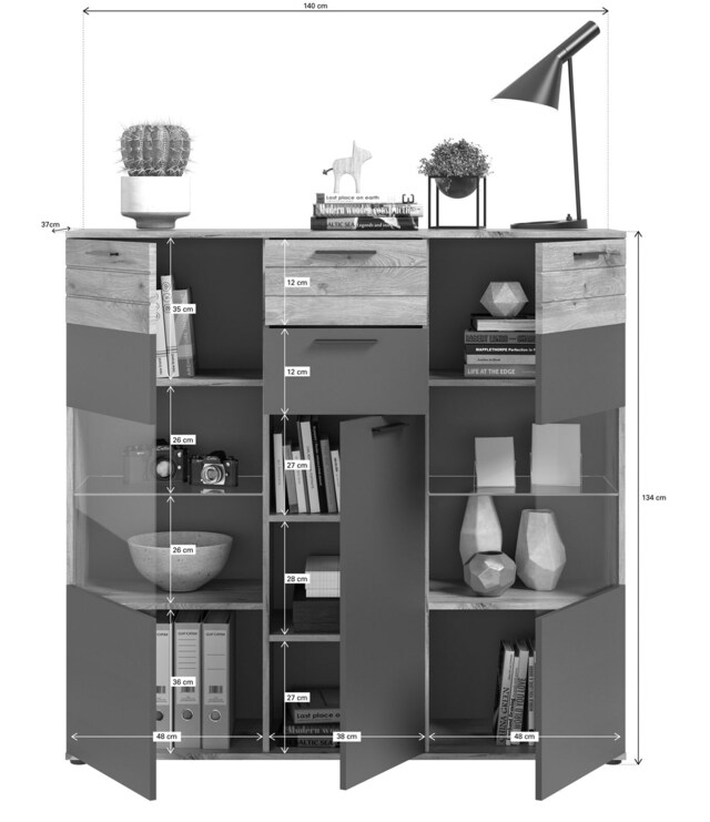 Highboard MASON 140 x 134 cm braun/ grau
