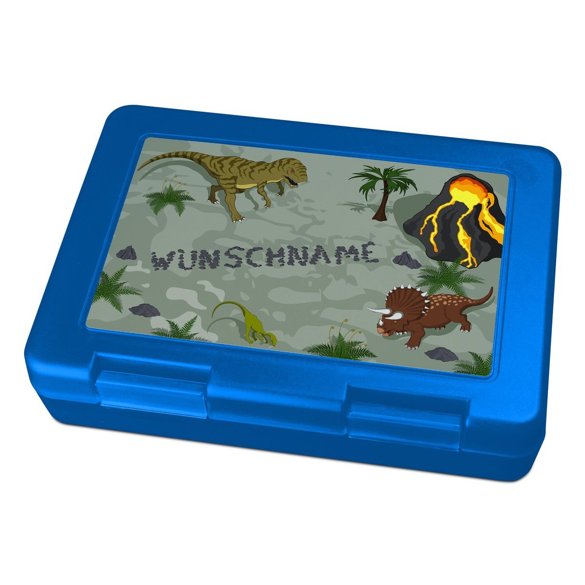 Brotdose mit Namen, blau (Motiv: Dinosaurier)