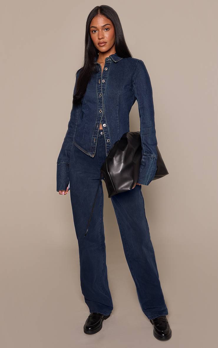 Bleu Indigo Foncé Veste En Jean Cintrée À Manches Longues Pour Grande Taille