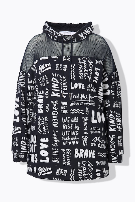 Long-Hoodie, oversized, Wording-Muster, Kapuze