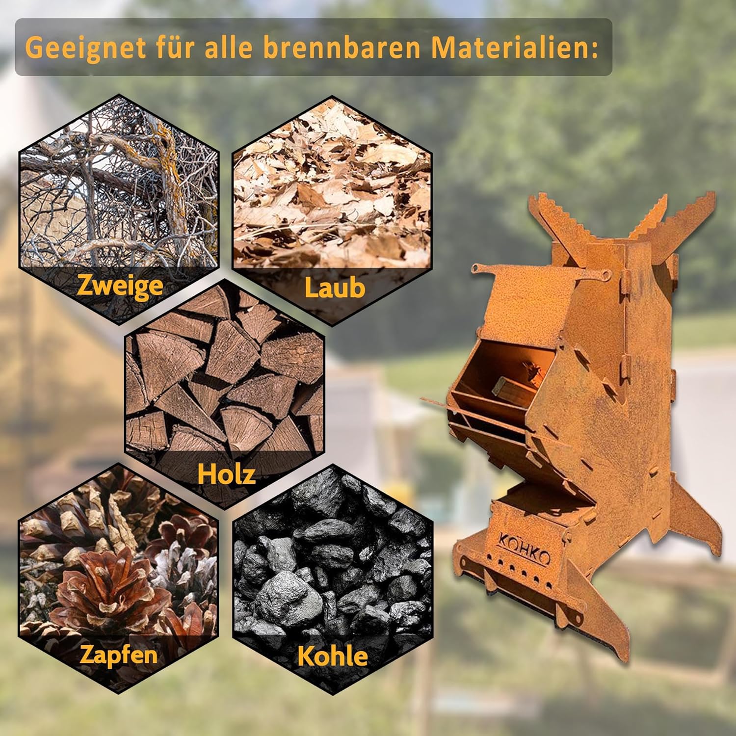 Köhko® Raketenofen L Rocket Stove Campingofen aus 3 mm Cortenstahl Outdoor für BBQ grill Camping multifunktionale Küche für Draußen