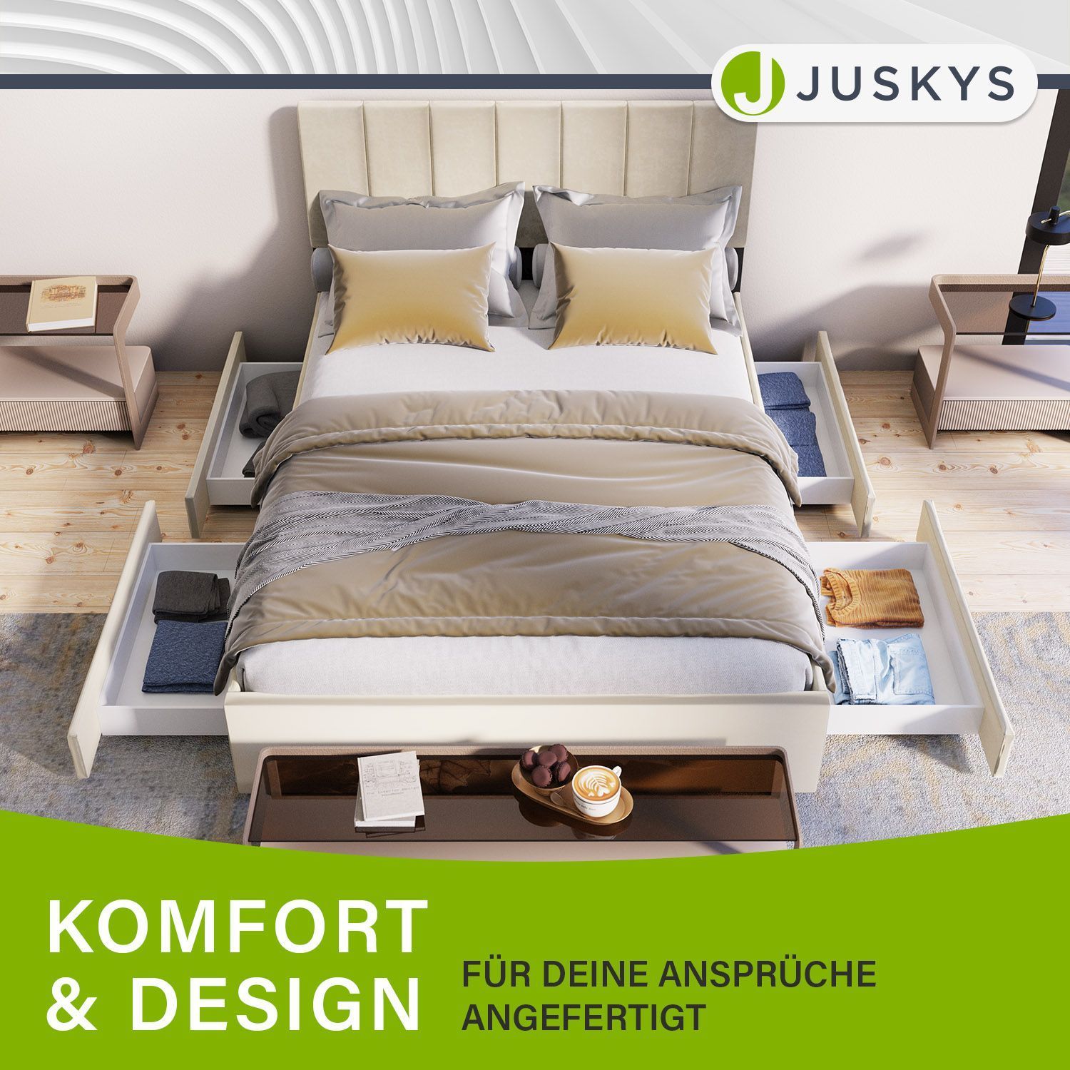 Juskys Samt Polsterbett Soria 140x200 cm mit Matratze, Lattenrost & Schubladen - Bett Beige