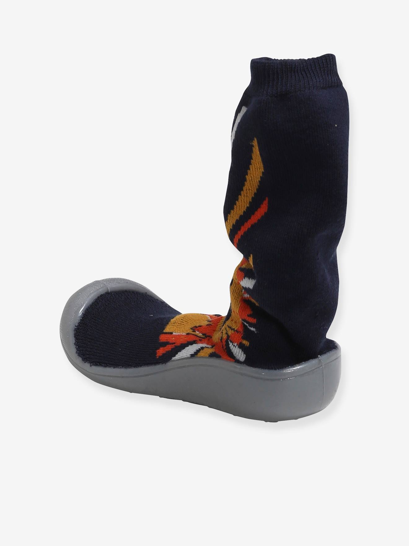 Pantufas antiderrapantes estilo meia para meninos, azul-escuras com estampa.
