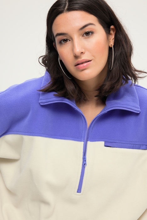 Fleece-Sweater, Boxy Shape, Colorblocking, Stehkragen mit Zipper