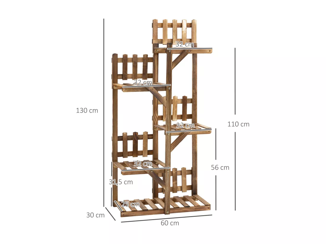 Étagère à fleurs en bois - porte plante bois 6 tablettes - dim. 98L x 28l x 96,5H cm - bois de sapin traité carbonisation