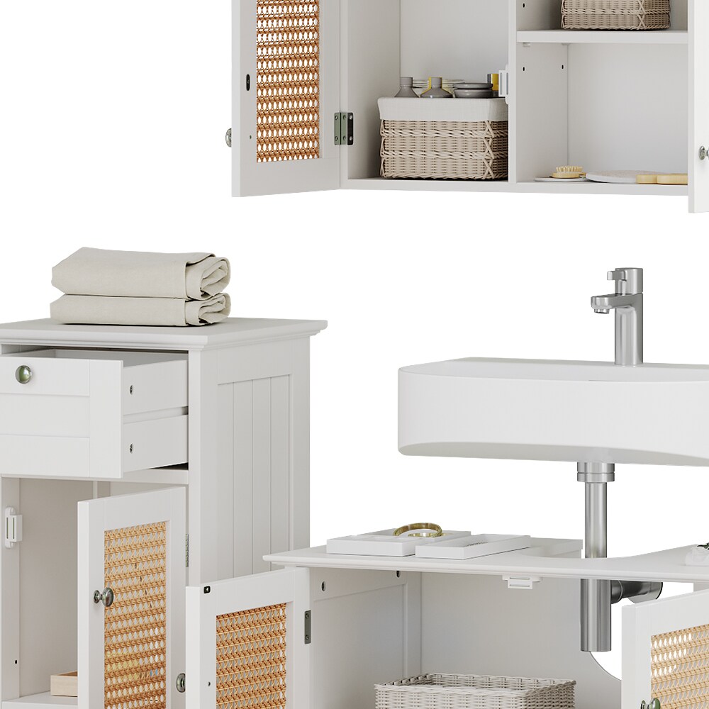Vicco Badmöbel-Set Rosario, Weiß, moderne Serie, Badezimmer, dekorative Front, Spiegelschrank, Waschtischunterschrank, Midischrank, Sideboard