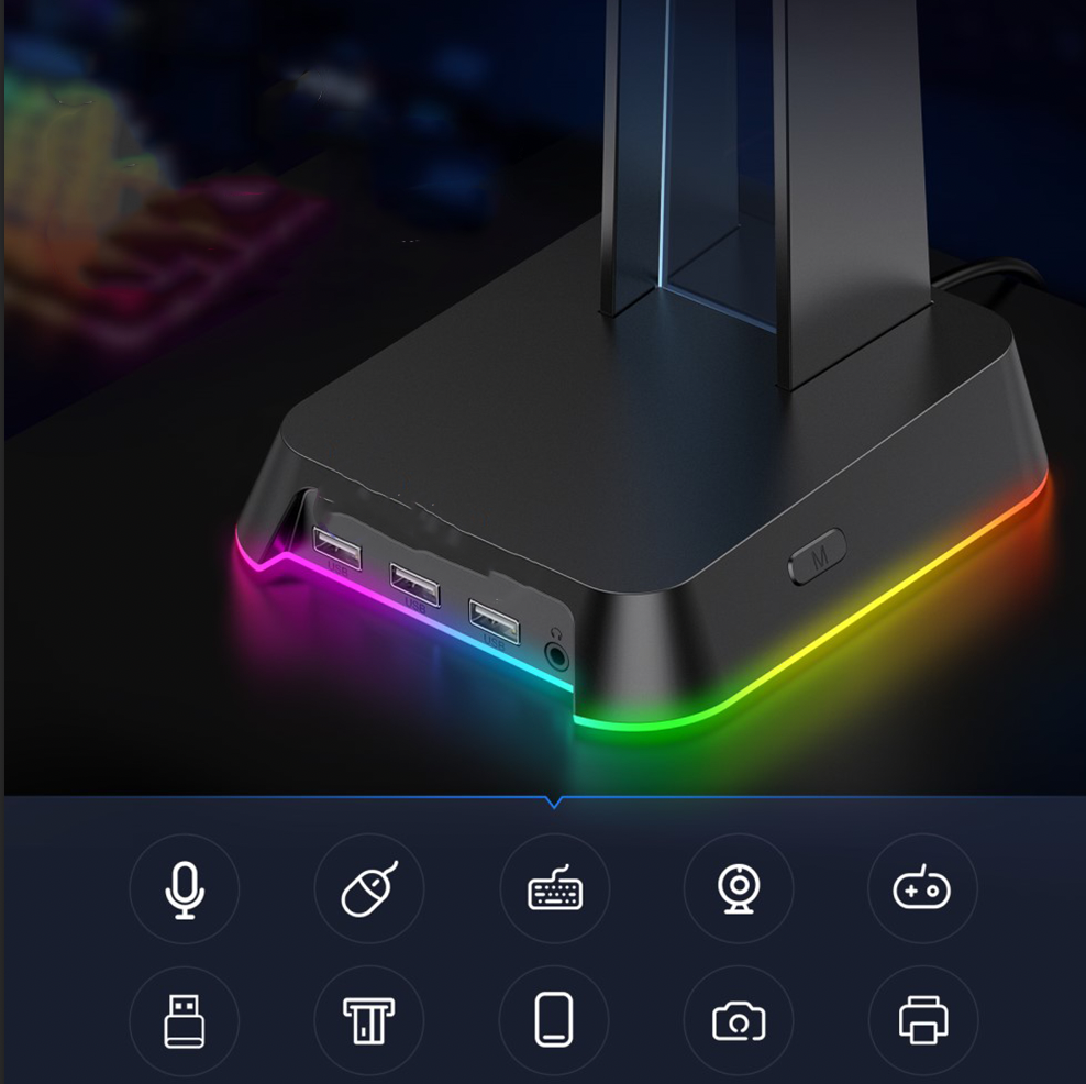Gaming Kopfhörer Halterung Ständer für Over-Ear Headset mit 3x USB A / 3.5mm Klinke Anschluss   RGB Beleuchtung - Schwarz