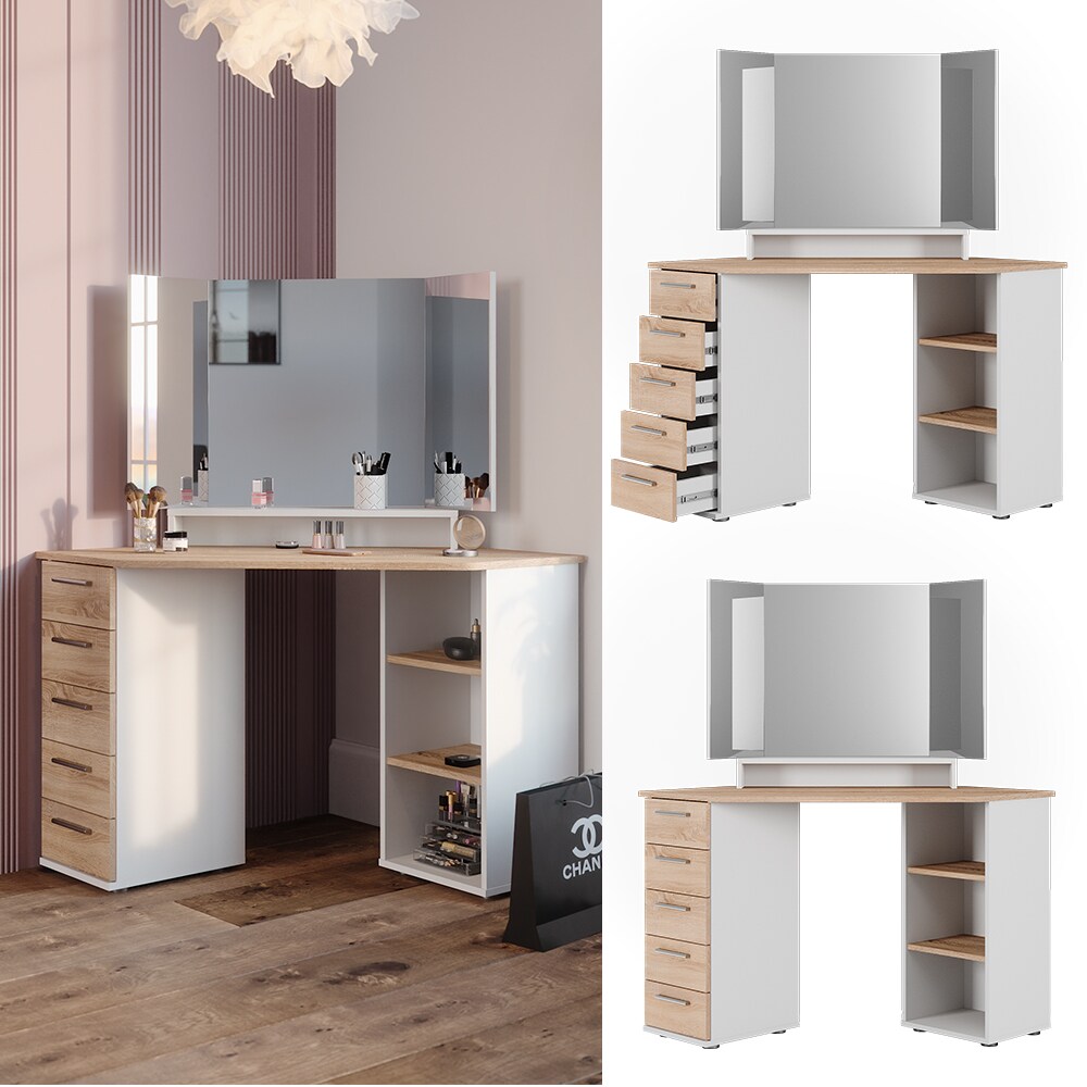 Vicco Eckschminktisch Frisiertisch Frisierkommode Sofia Weiß Sonoma Spiegel 128x142 cm modern Ablage