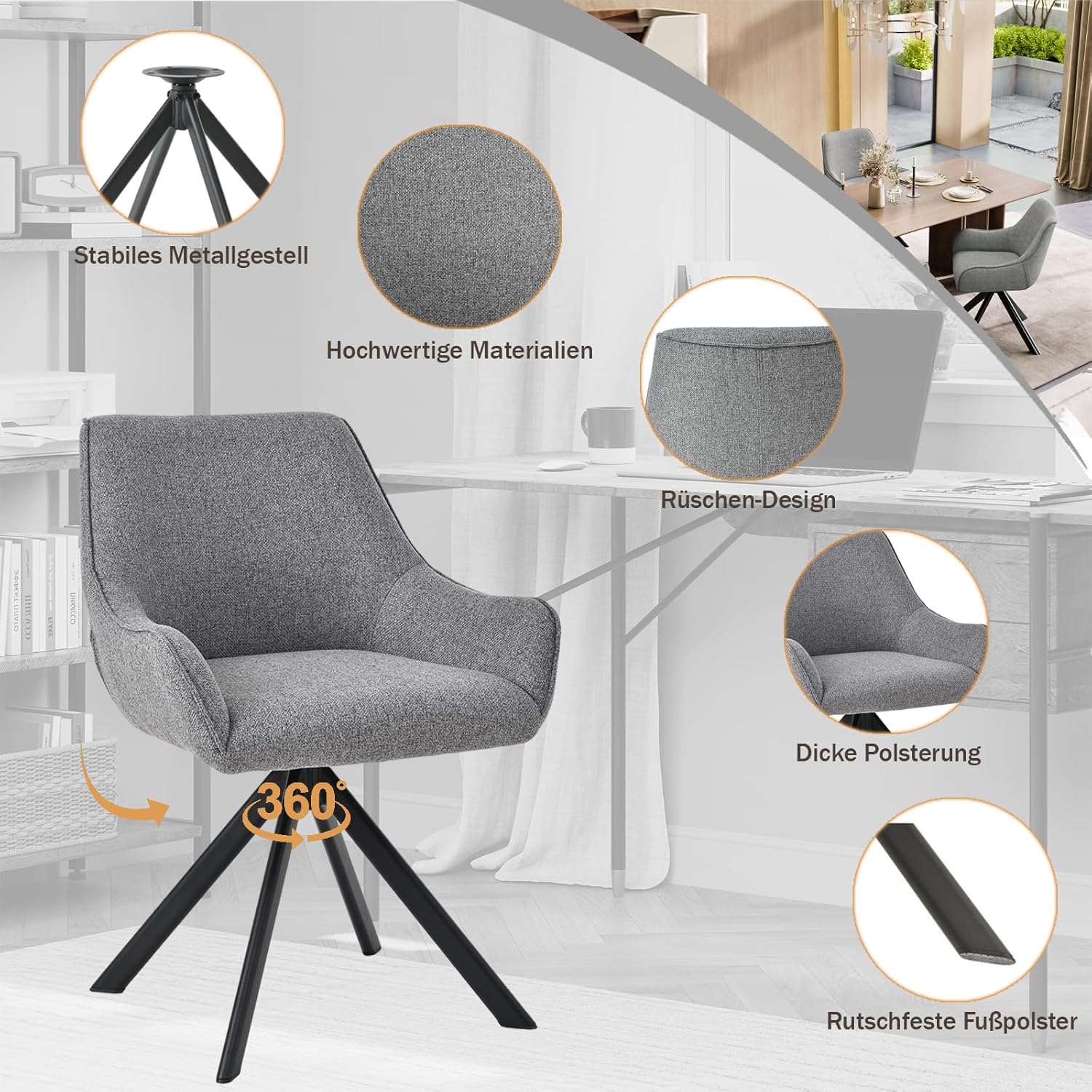 Esszimmerstühle Drehbar 4er Set mit Armlehne – 360°Drehbar Polsterstuhl Leinen Modern Drehstuhl Küchenstuhl mit Metallgestell und Rückenlehne für Esszimmer, Wohnzimmer, Büro, Hellgrau
