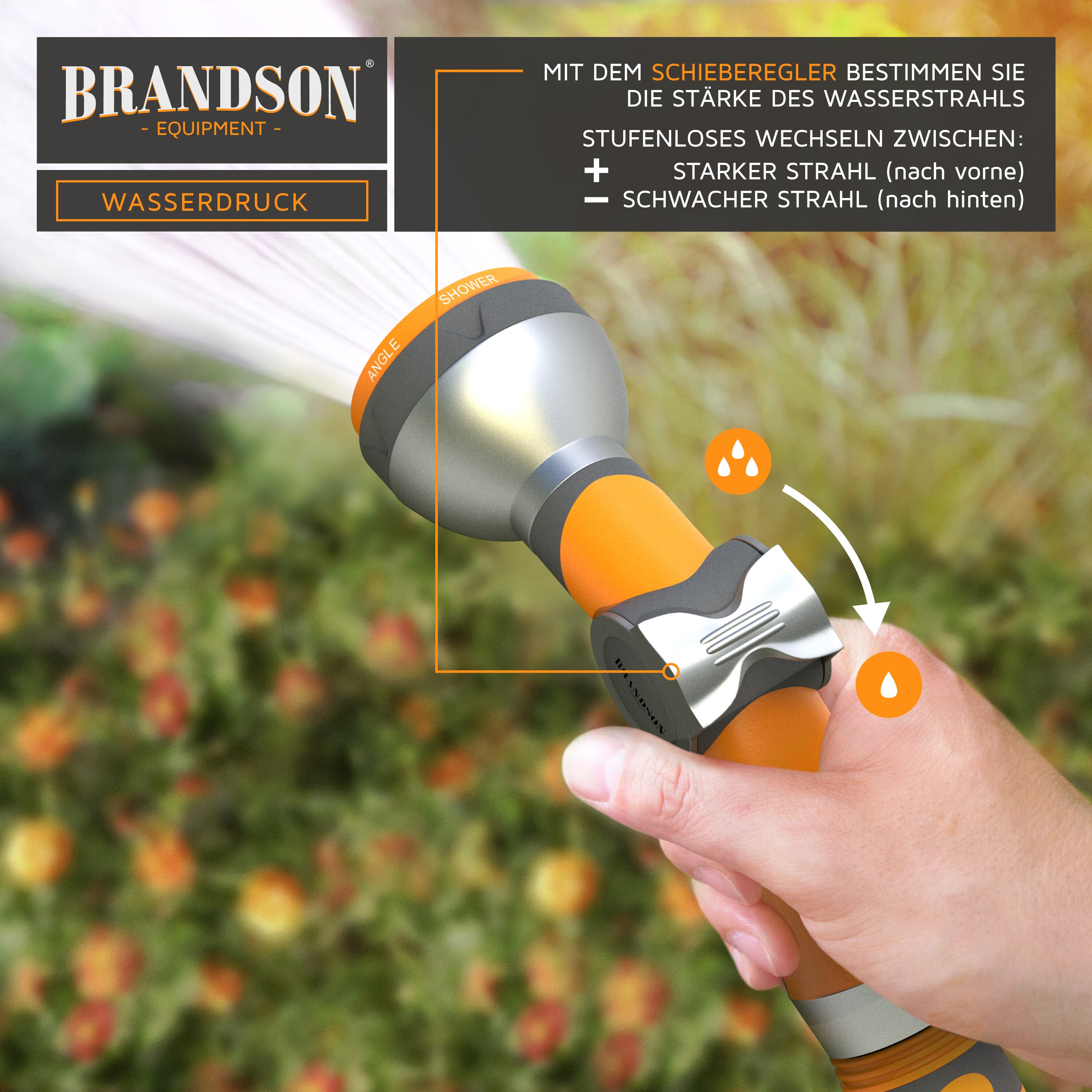 Brandson Gartenbrause 7 Sprühprofile - Garten Handbrause für Gartenschlauch - Pistolengriff mit Halteclip - 1-8 bar Wasserdruck - regelbar