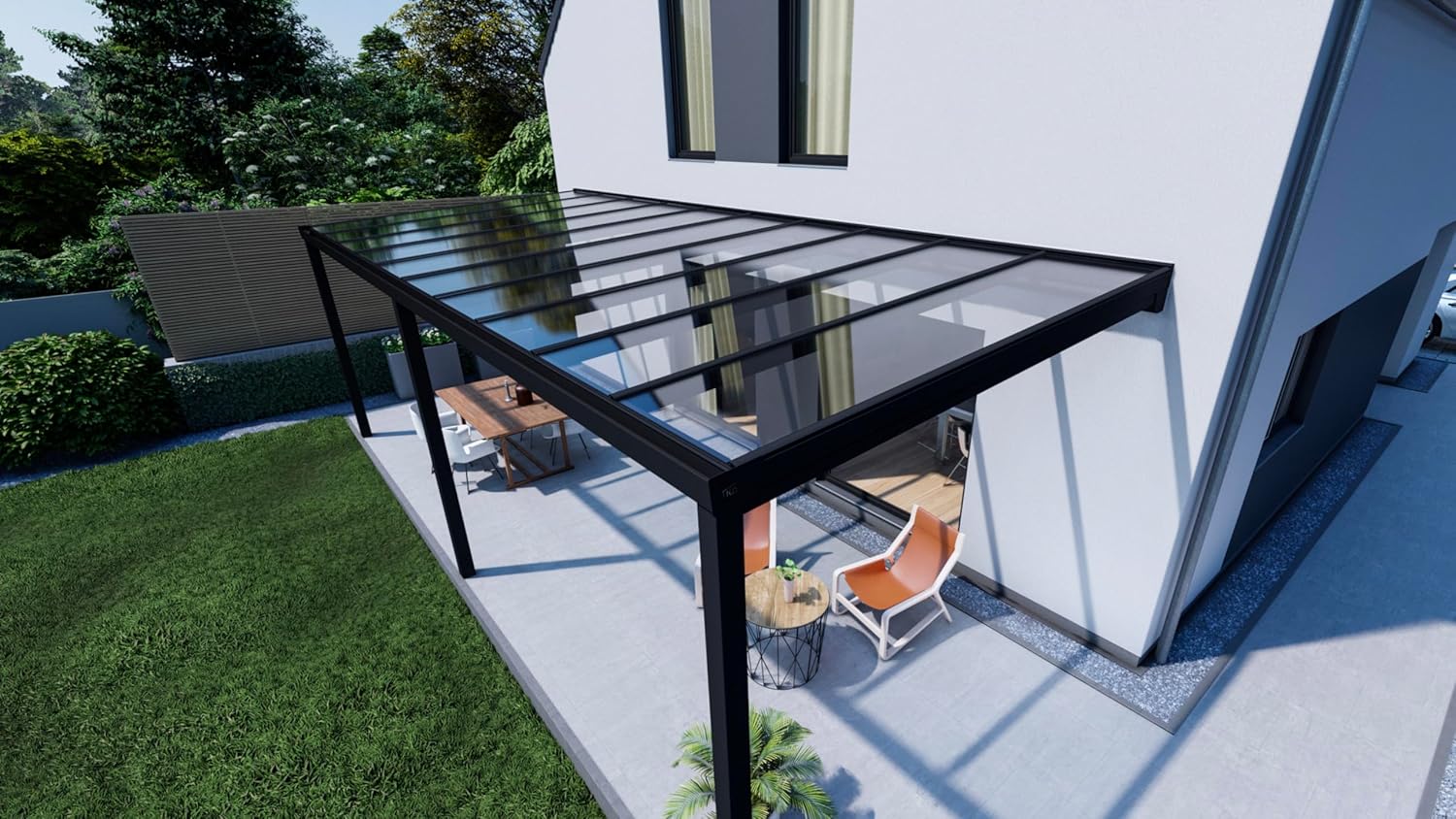 Terrassenüberdachung KD Alpha in Anthrazit mit VSG-Klarglas in 500x400cm - Terrassendach aus Aluminium - wetterfeste Überdachung