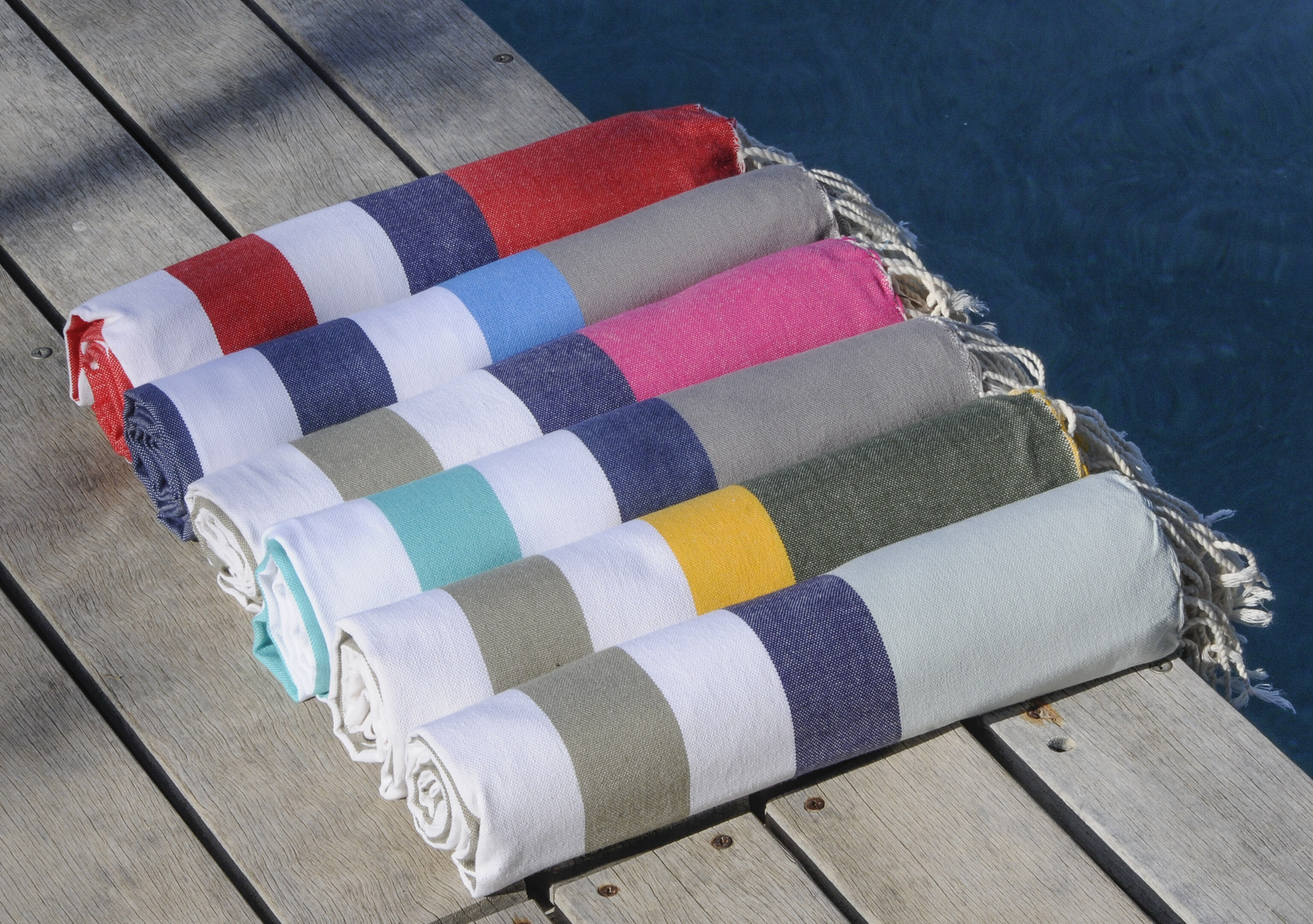 Febronie Fouta Arcachon blanc/taupe clair/turquoise/bleu jean - 100x200 cm