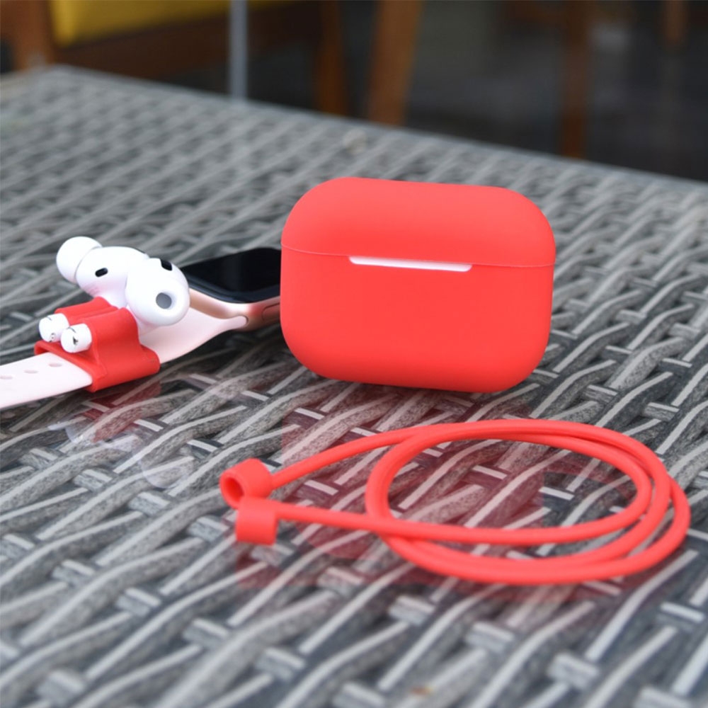 AirPods Pro Silikon Case Schutzhülle Abdeckung mit Watch Halterung   Anti-Lost Halteband Silikon Strap - Rot (Matt)
