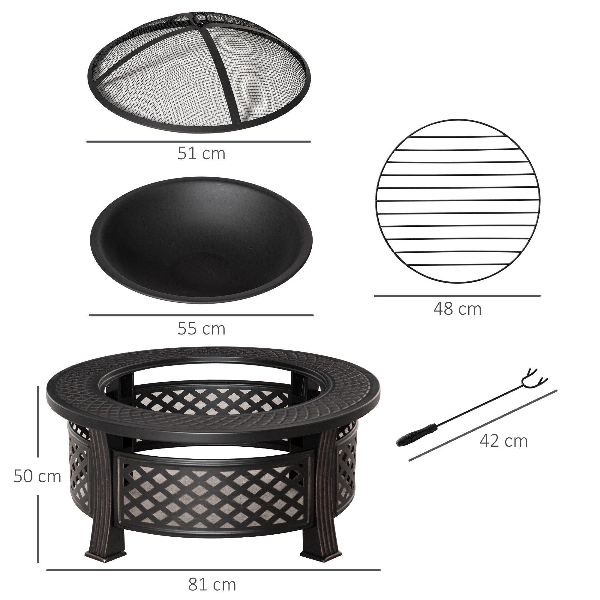 Outsunny Feuerschale mit 2 in 1 Funktion auch als Grill verwendbar schwarz 81L x 81B x 50H cm